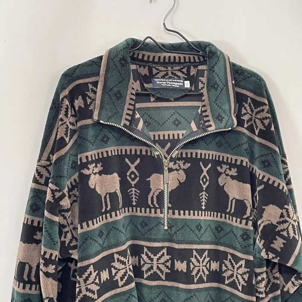 Norm Thompson Velour Pullover Moose Fair Isle 1/2 Zip Sweatshirt Shacket Large - Picture 4 of 12